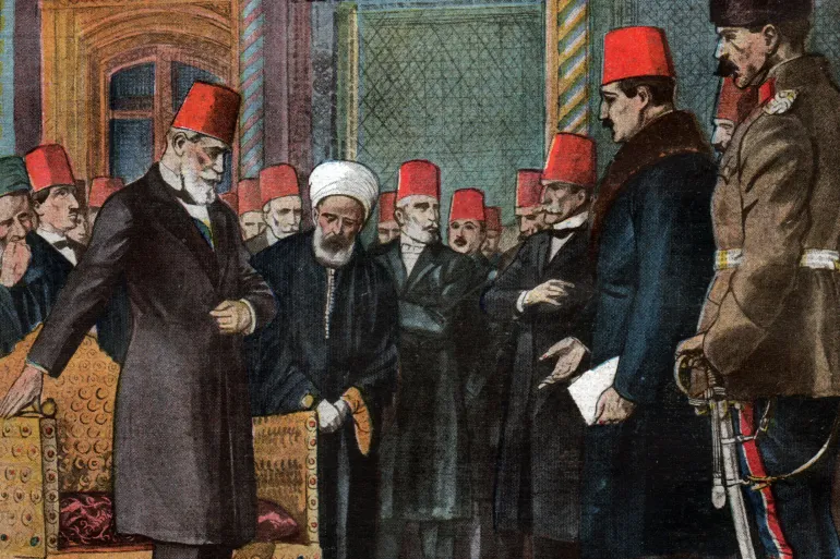 رسم توضيحي لتنحية الخليفة العثماني "عبد المجيد الثاني وحوله بعض رجاله
